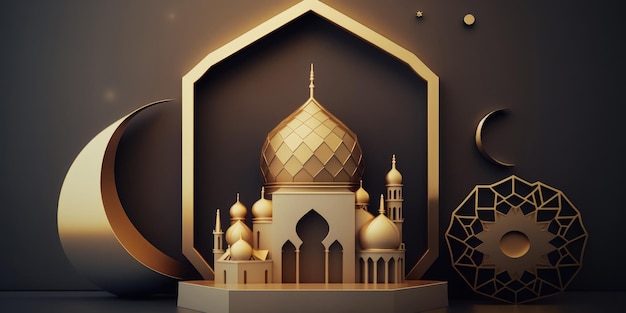 Ai generated illustration festive greeting card for Muslim holy month Ramadan Kareem with mosque and crescent