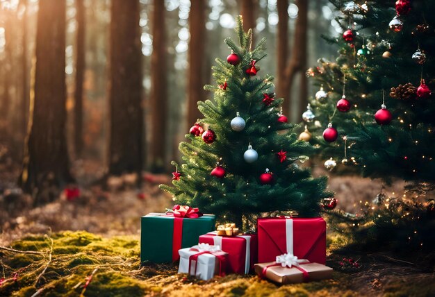 Иллюстрация праздничной зимней сцены с небольшой елкой с рождественскими украшениями