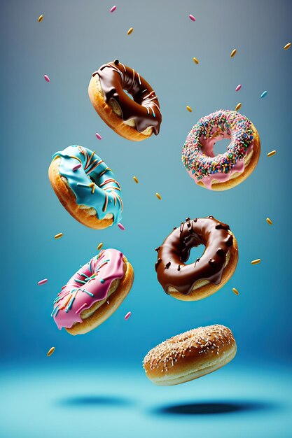 Ai generated Illustration flying colorful donuts