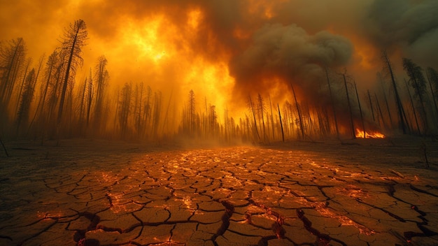 Foto illustrazione generata dall'ai di un incendio forestale con alberi in fiamme e fiamme sullo sfondo