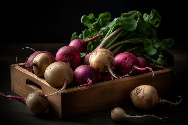 AI generated illustration of fresh beets in a wooden crate