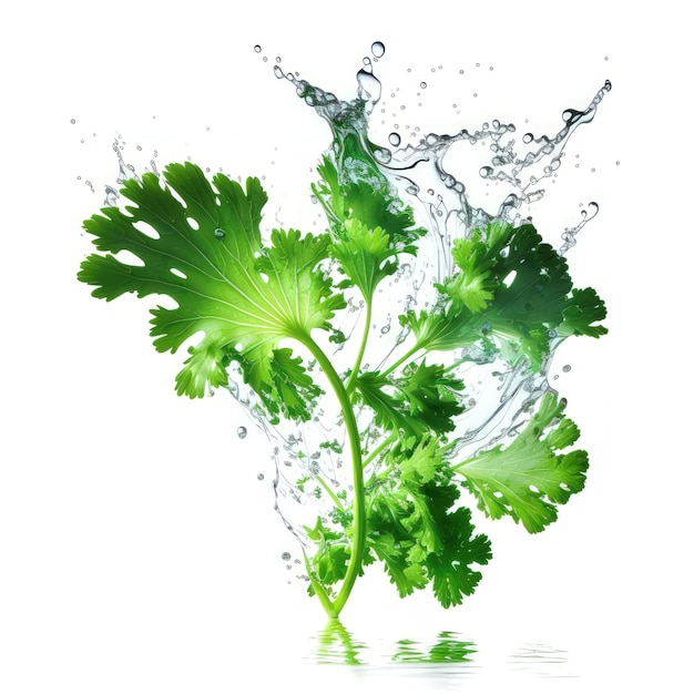 AI generated illustration of fresh and juicy parsley leaves in a water splash or swirl