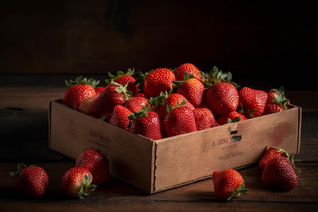 AI generated illustration of fresh strawberries in a wooden box