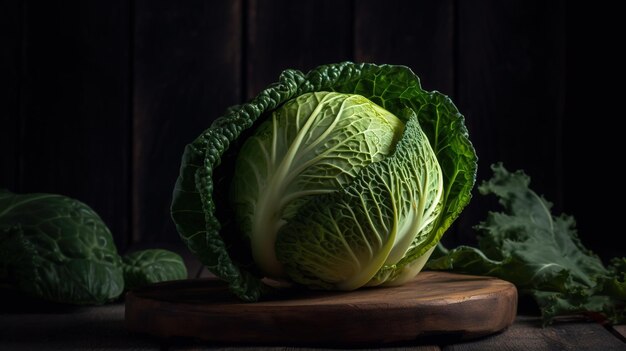 AI generated illustration of a freshly-cut, bright green cabbage on a rustic wooden cutting board