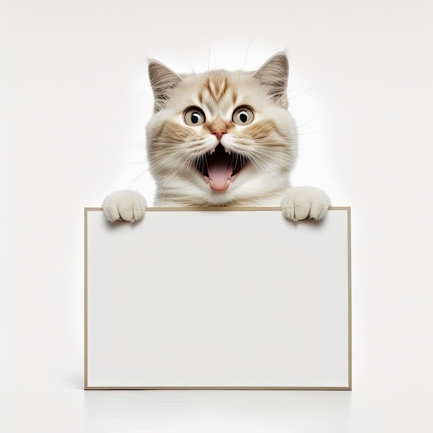 Photo ai generated illustration funny cat portrait looking shocked or surprised holding a blank placrd