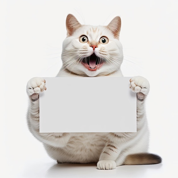 Ai generated illustration Funny cat portrait looking shocked or surprised holding a blank placrd