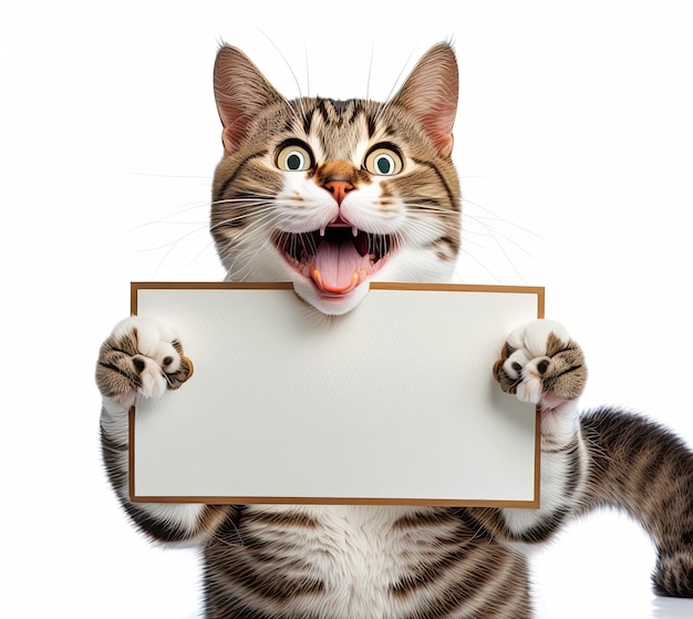 Photo ai generated illustration funny cat portrait looking shocked or surprised holding a blank placrd