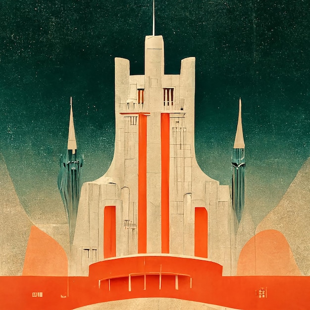 Ai generated illustration of futuristic ar deco city, vintage\
image, retro poster