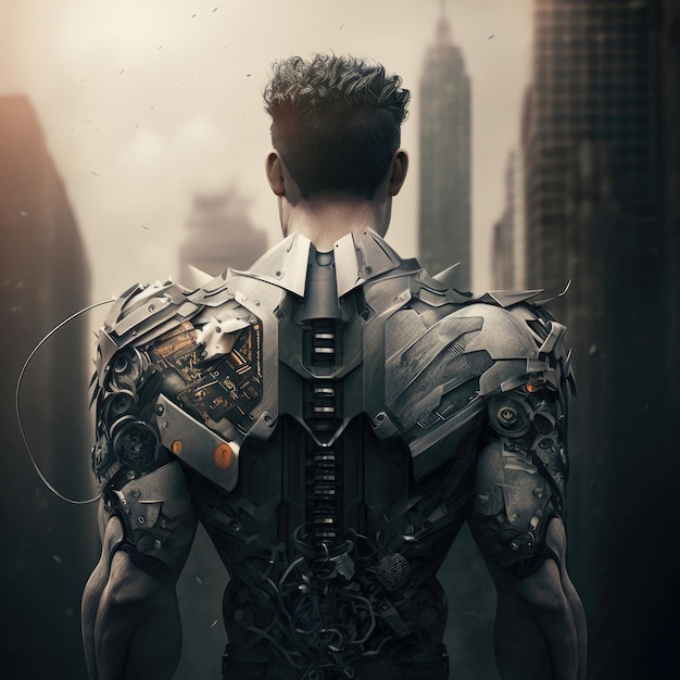 Ai generated illustration of Futuristic human metallic cyborg back view background