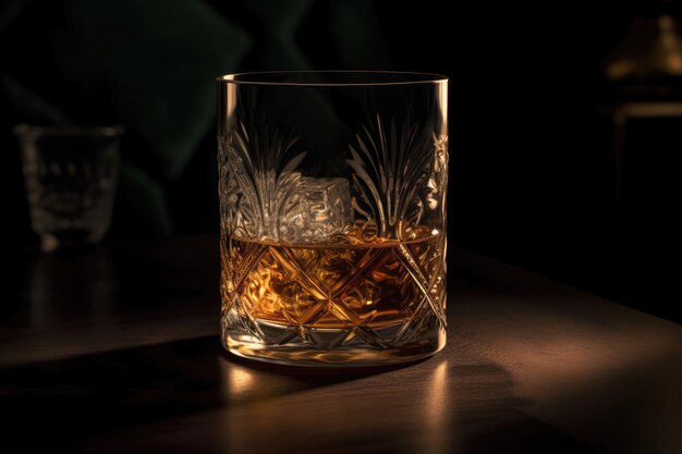 AI generated illustration of a glass of whiskey with ice cubes