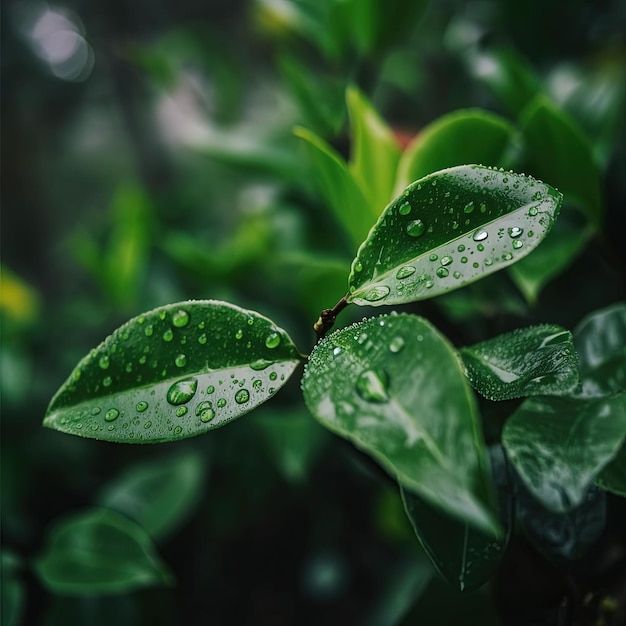 AI generated illustration of glimmering water droplets on the surface of lush green leaves