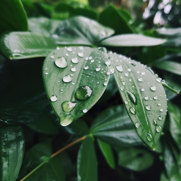 AI generated illustration of glimmering water droplets on the surface of lush green leaves