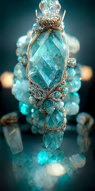 AI-generated illustration of gold jewelry with precious stones merged with blue aquamarine stones