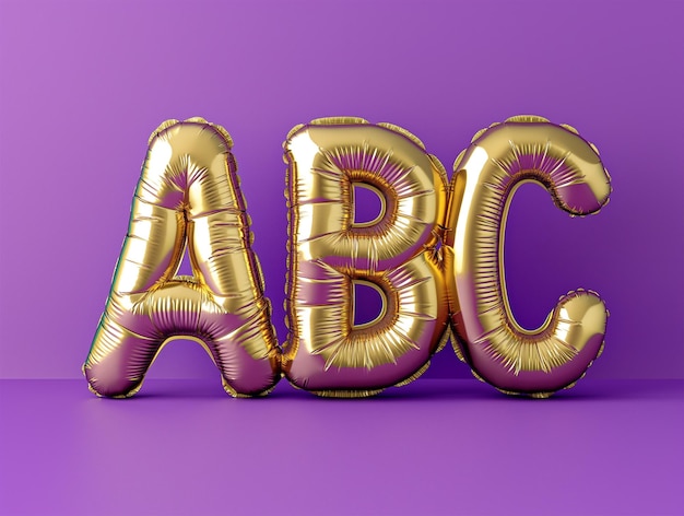 Foto illustrazione generata dall'ai di palloncini di foglio d'oro con le lettere abc su uno sfondo viola