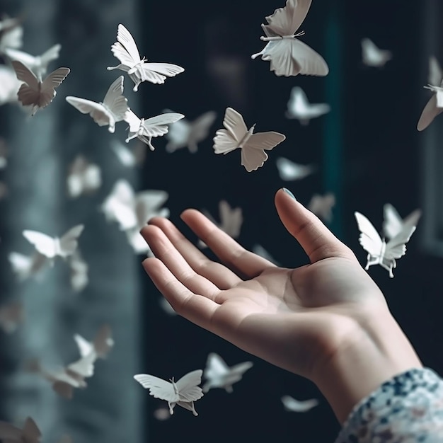 AI generated illustration of a hand reaching for the paper butterflies soaring in the air