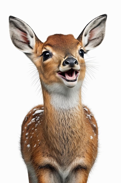 AI generated illustration of happy smiling deer on white background