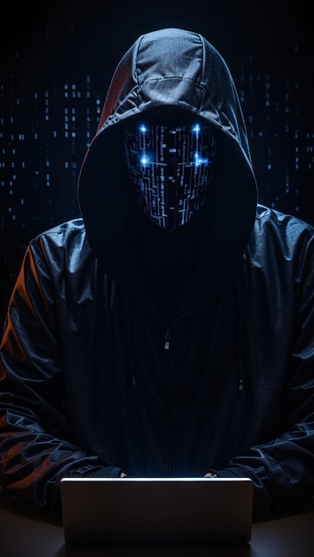 AI generated illustration of a hooded man hacking a laptop in a dark background