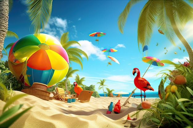 AI создал иллюстрацию остановки воздушного шара на тропическом острове с пляжем и пальмами