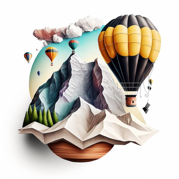 Ai generated illustration hot air balloon and mountain against white background