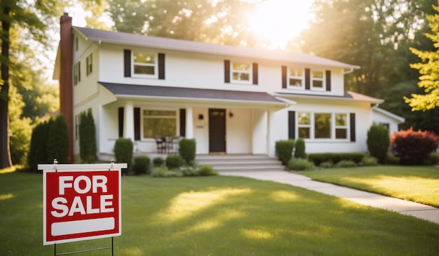 AI generated illustration of a house with a for sale sign in the foreground bathed in the sunlight