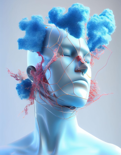 AI generated illustration of a human head with fluffy blue clouds and red flowing lines