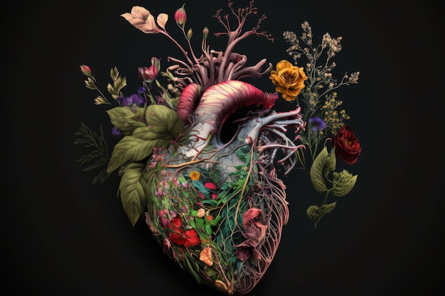 AI generated illustration of the human heart covered by flowers