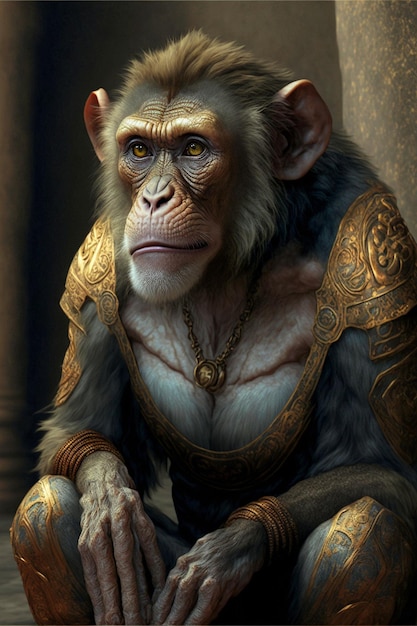 An AI generated illustration of humanoid monkey in medieval knight armor