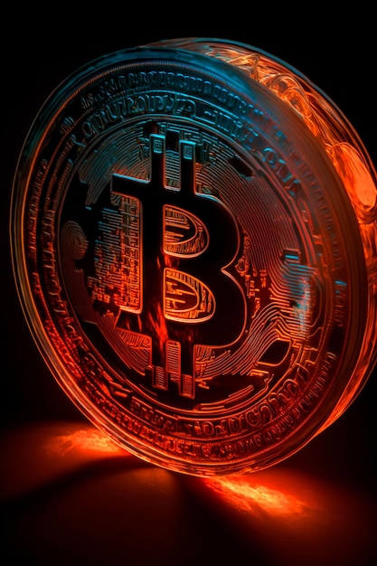 Ai generated illustration of an illuminated bitcoin against a dark background