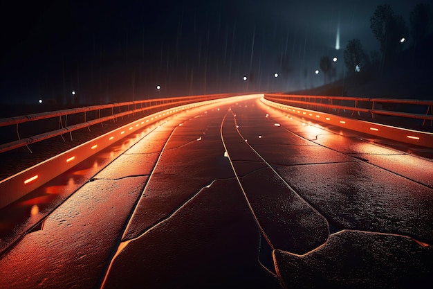 Photo ai generated illustration of illuminated highway in forest with perspective view endless