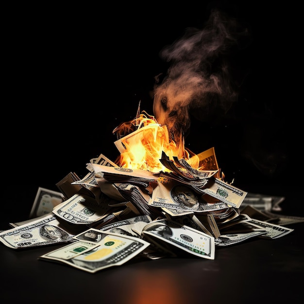 사진 ai 생성 그림 인플레이션 또는 불에 달러 지폐 더미와 함께 불타는 돈 개념