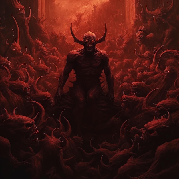 Photo ai-generated illustration of an intimidating  demonic figure, surrounded by a horde of skulls