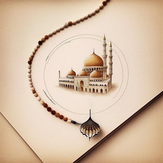 Photo ai generated illustration islam mosque greeting card with prayer beads