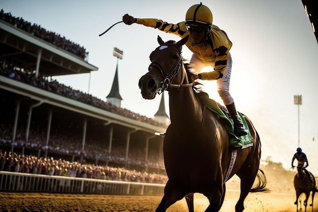 Photo an ai generated illustration of jockeys racing thoroughbred horses on a track