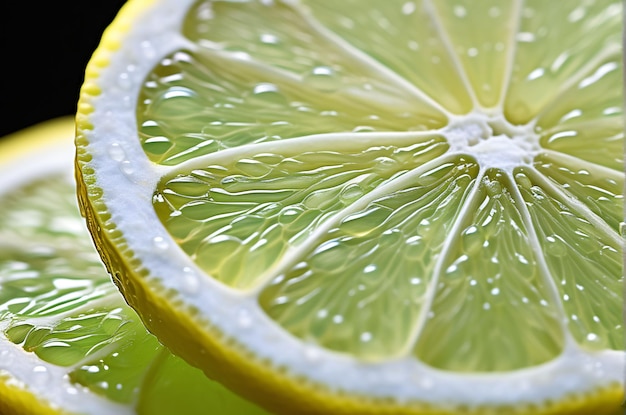 Foto l'illustrazione generata da ai è un ritaglio succoso di limone in primo piano, succo di limone, anelli di limone con gocce di succo.