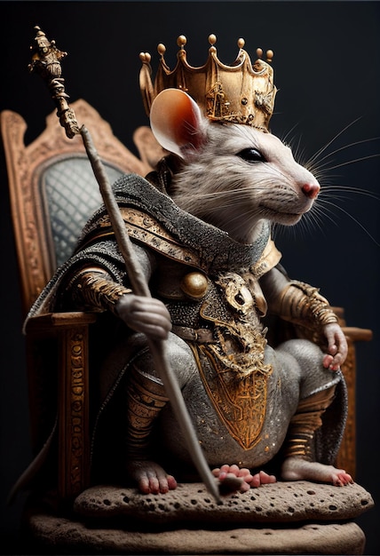 An AI-generated illustration of the king mice holding a sword and sitting on the throne