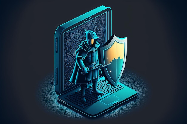 AI generated illustration of a knight displaying a shield atop a laptop computer screen