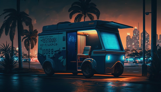 Ai generated illustration of land vechicle of futuristic tuk tuk of thailand cab night scene