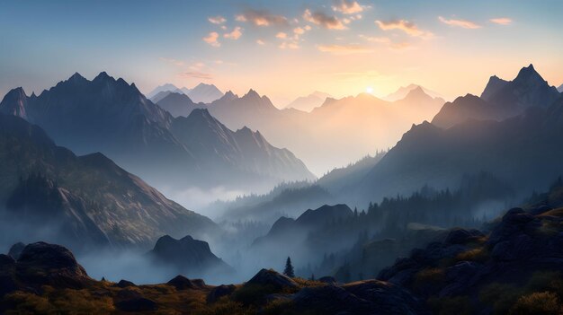 An AI generated illustration of a landscape featuring a sunset view of a mountains with forest trees