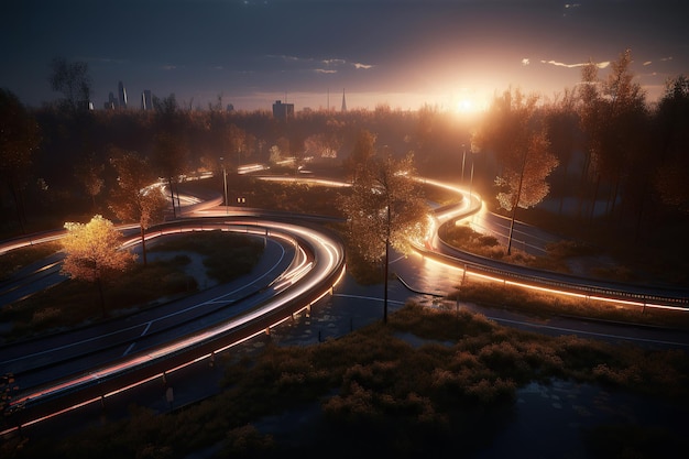 Ai generated illustration of light trail Scurve mountain road at dusk