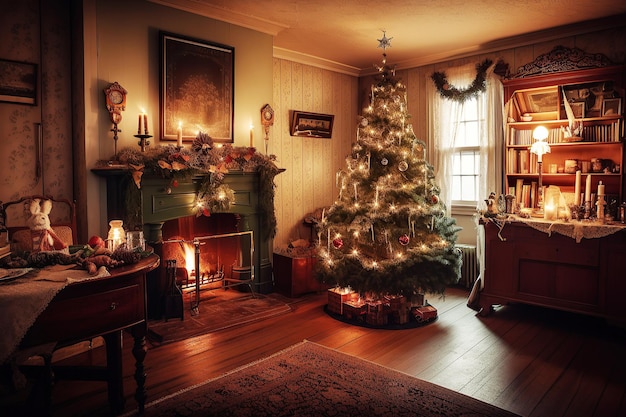 Ai generated Illustration living room with a christmas tree and a fire place