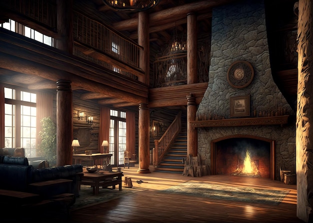 AI generated illustration of log living room and fireplace, cozy summer cottage