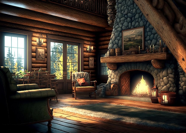 AI が生成した丸太のリビング ルームと暖炉、居心地の良い夏の別荘のイラスト