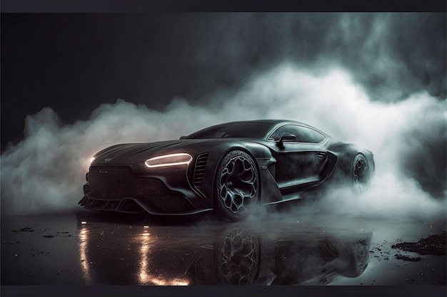 An AI-generated illustration of a luxury futuristic car with smoke on a dark background