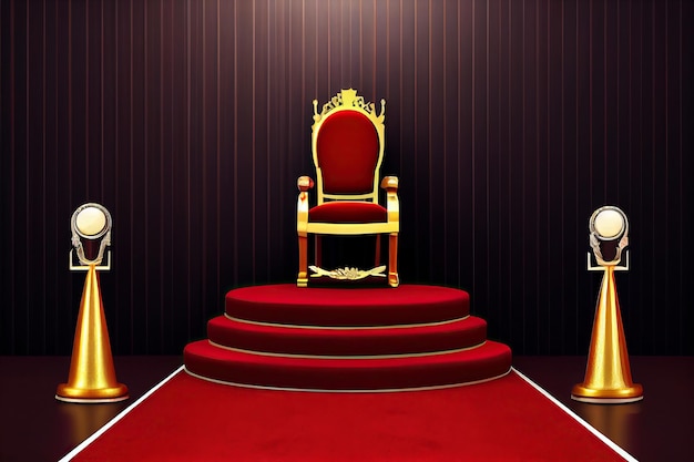 Ai generated illustration luxury royal chair on podium with red carpet