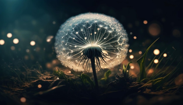 Photo an ai generated illustration of a magical dandelion puff shimmering in the darkness