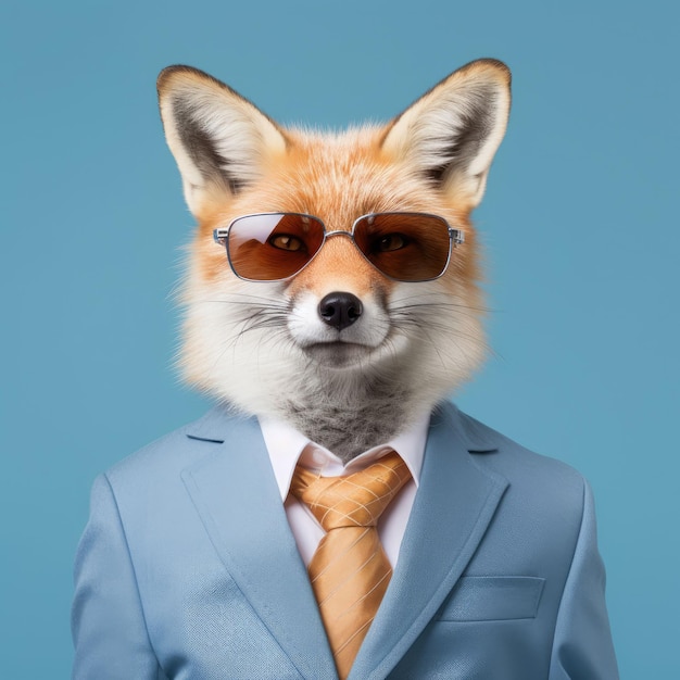 An AI generated illustration of a majestic fox in a funky suit and glasses on a bright background