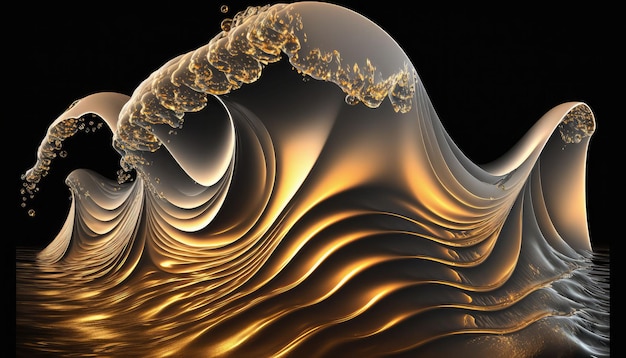 AI generated illustration of a majestic, golden-hued wave crashing against a deep black backdrop