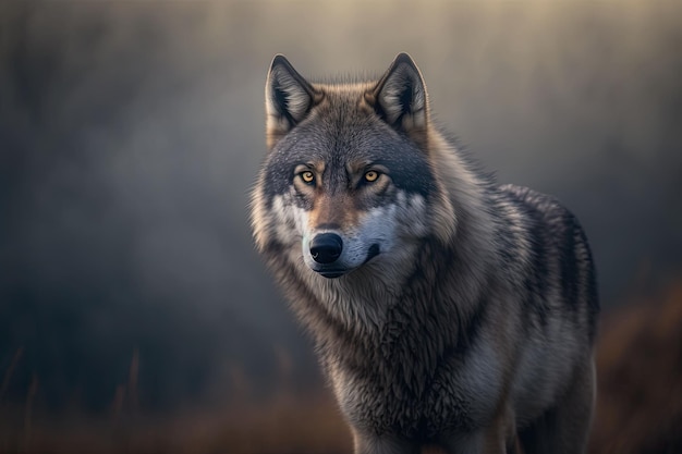 An AI generated illustration of a majestic gray wolf against a backdrop of nature