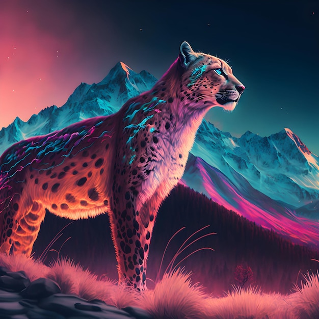 AI generated illustration of a majestic leopard illuminated by vibrant, colorful light