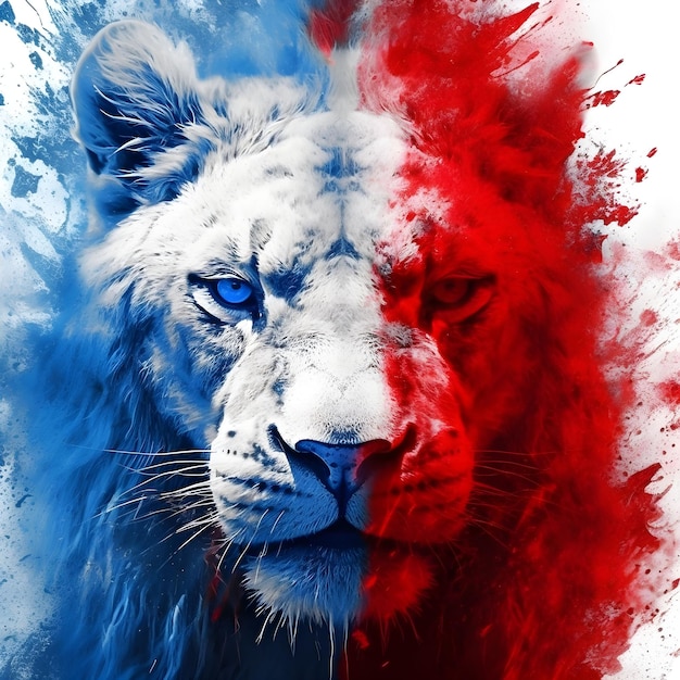 An ai generated illustration of a majestic lion in a powerful pose in vibrant red and blue hues